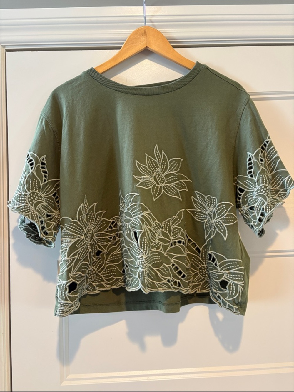 Anthropologie Olive Green Short Sleeve Embroidered Cutwork Tee